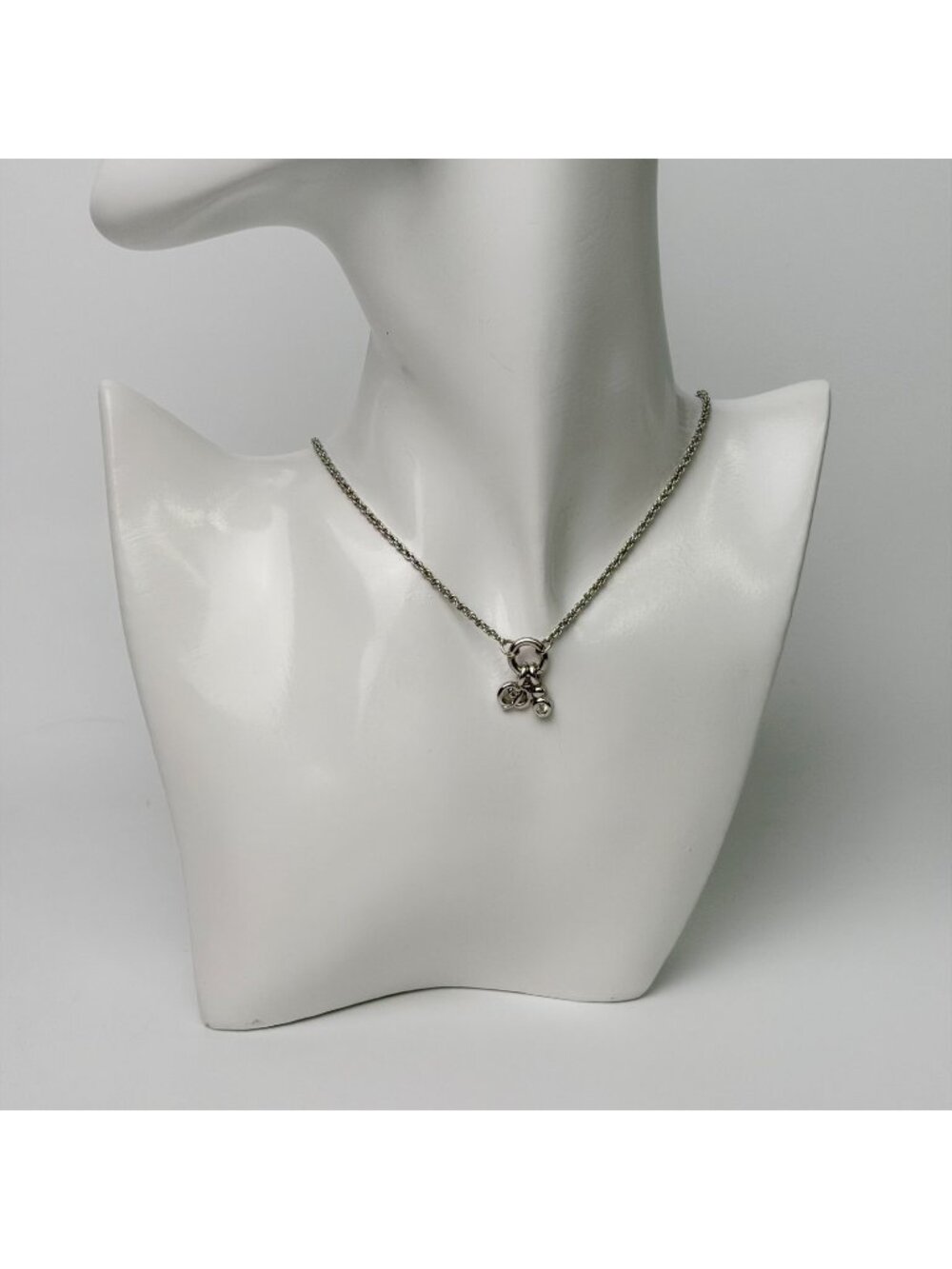 Dior CD Logo Crystal Charm Necklace Plated Rhinestone Silver Vintage